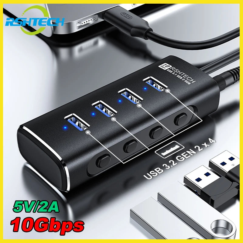 RSHTECH USB Hub 4 Ports 10Gbps Superspeed Data Transfer Extender