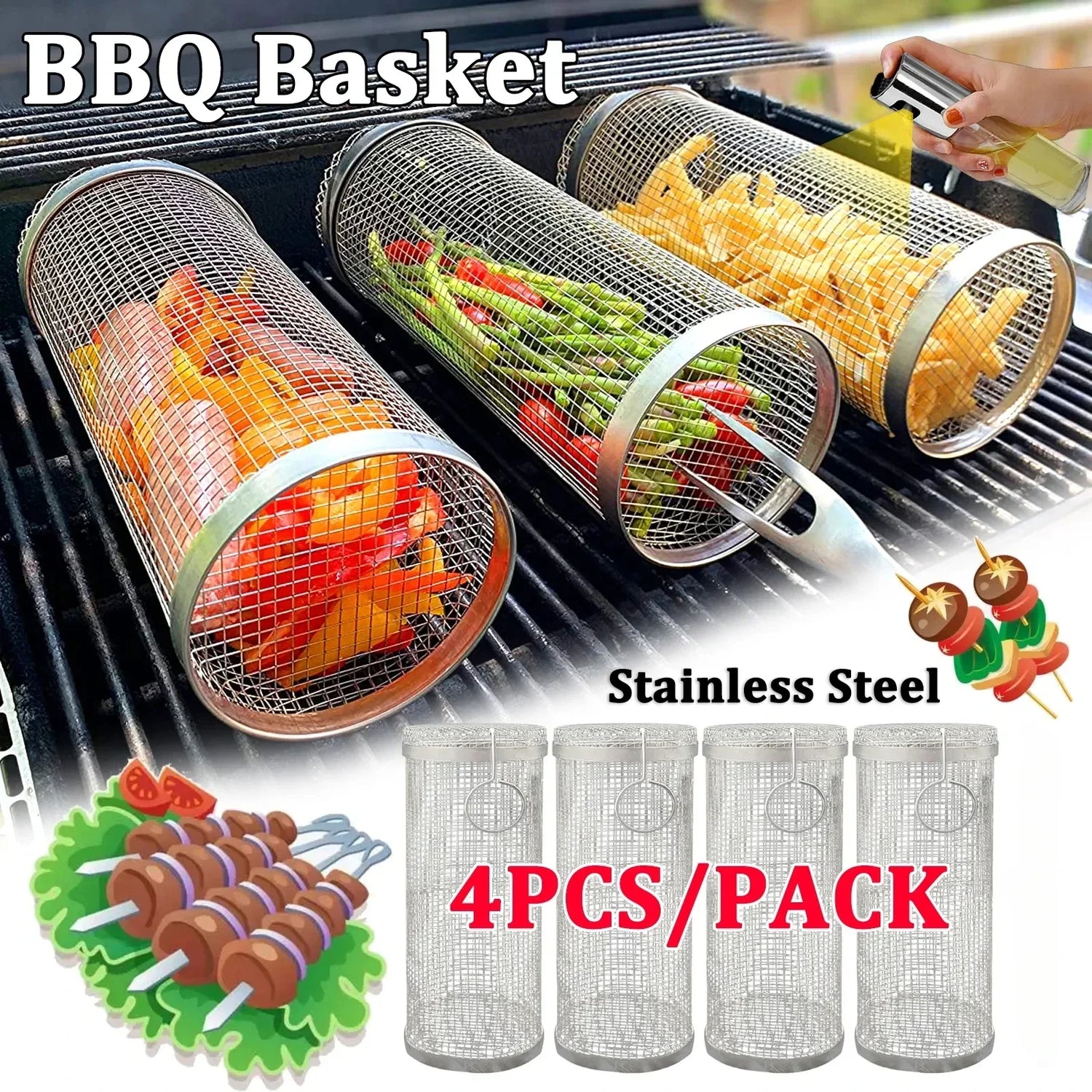 Rolling Bbq Basket - Round Stainless Steel Grill Mesh