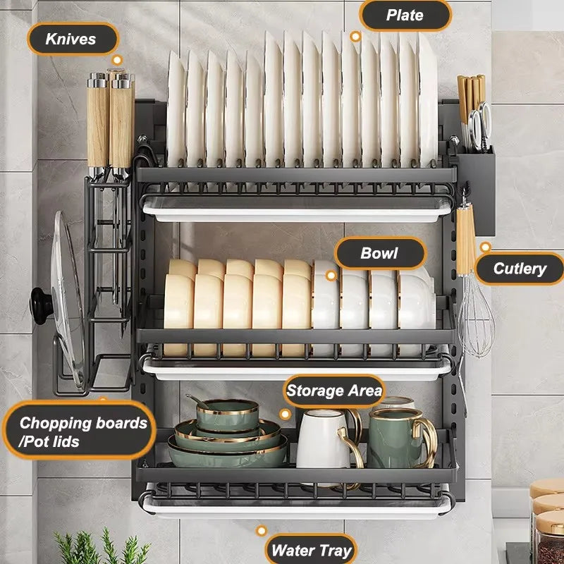 Wall-Mounted Kitchen Dish Rack Multifunctional Organizer with Drainboard