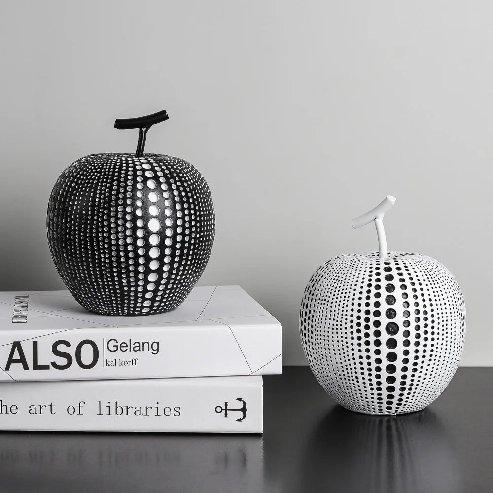 Abstract Polka Dot Apple Sculpture - Black and White Statue