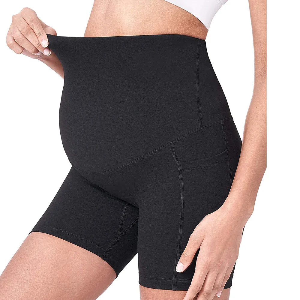 Women's Maternity Yoga Shorts Over The Belly Bump Summer Workout Running Active Short Pants with Pockets
