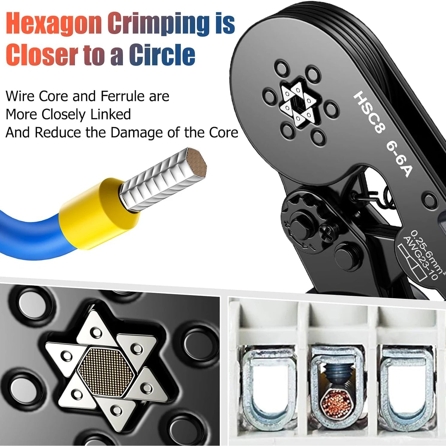 Hexagonal Self-Adjustable Ratchet Ferrule Crimping Tool Kit 23-7AWG 0.25-10mm² Crimper Kit with Ferrule Sleeves Wire Terminals