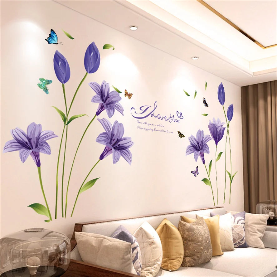 Lavender Wall Stickers - Self Adhesive Flowers Butterfly Wall Decals