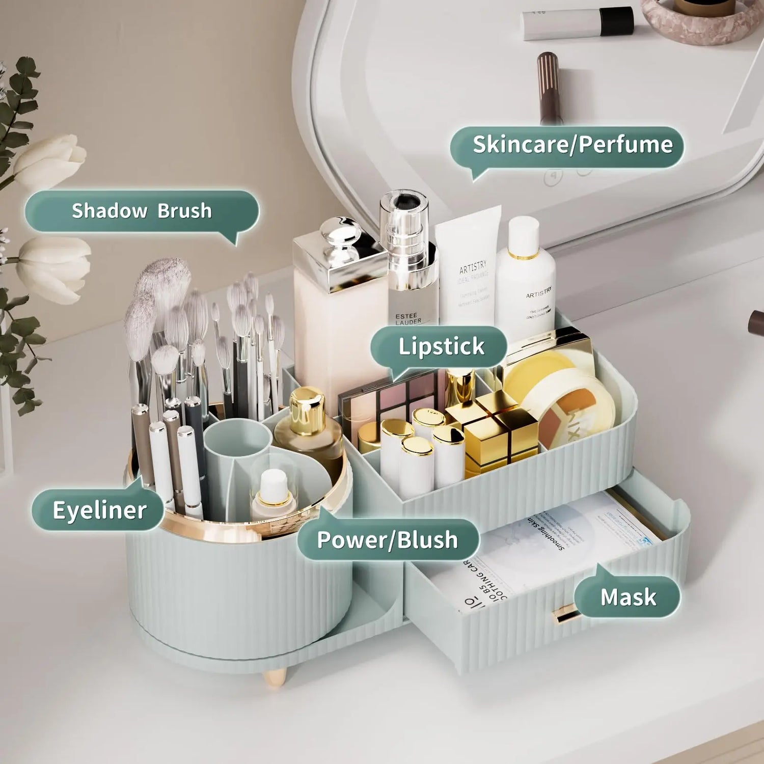 Makeup Organizer Countertop - 360 Rotating Brush Holder