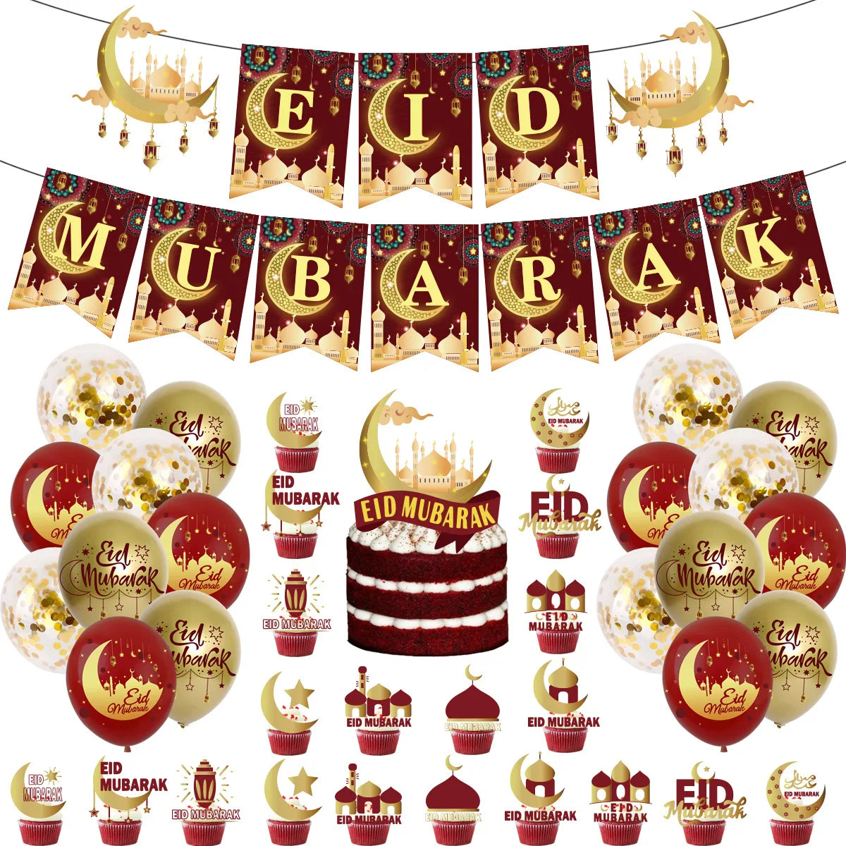 Eid Mubarak - Ramadan Kareem - Red and Gold Theme Decoration - 40 Pcs