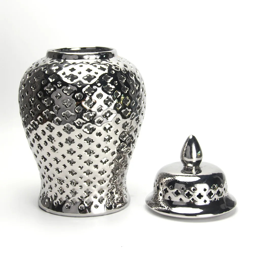 Silvery Ceramic Ginger Jar with Lid - Hollow Out Storage Jar