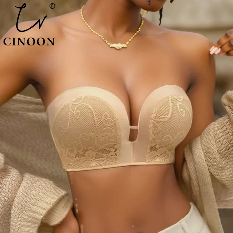 CINOON Sexy Women Strapless Bra Wireless Push Up Invisible bralette Backless Small Breast Lace Brassiere Seamless Lingerie Tops