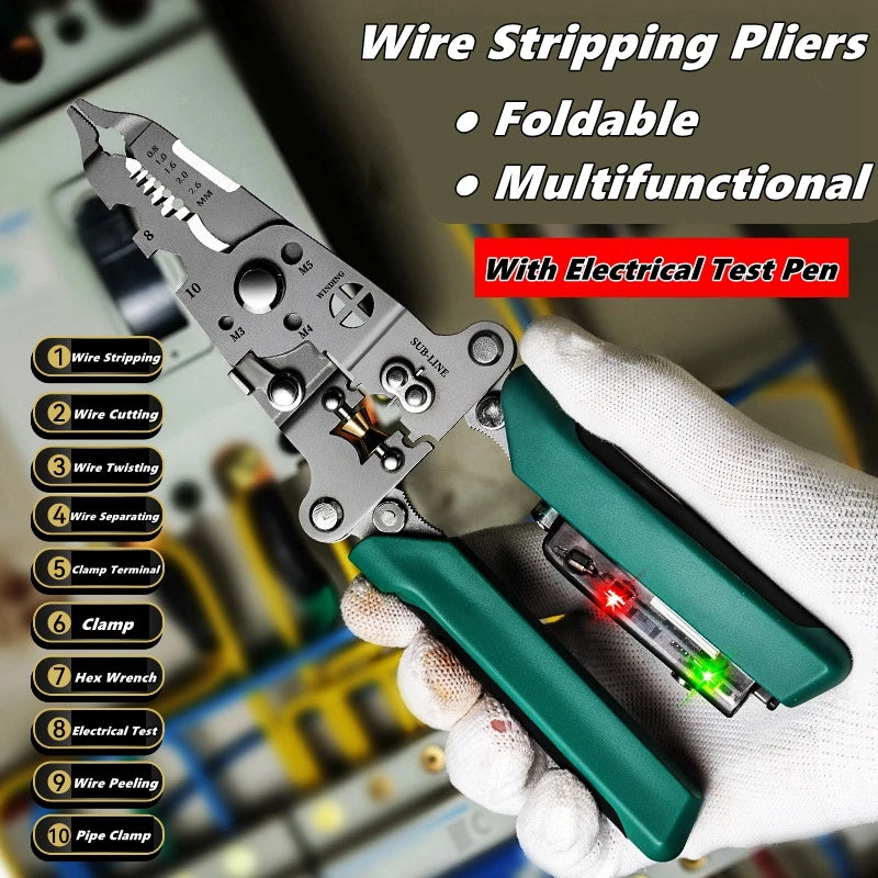 Multifunctional Wire Stripper with Electrical Test Pen Foldable Cable Cutter Crimper Tool, Electrical Folding Pliers for Cutting