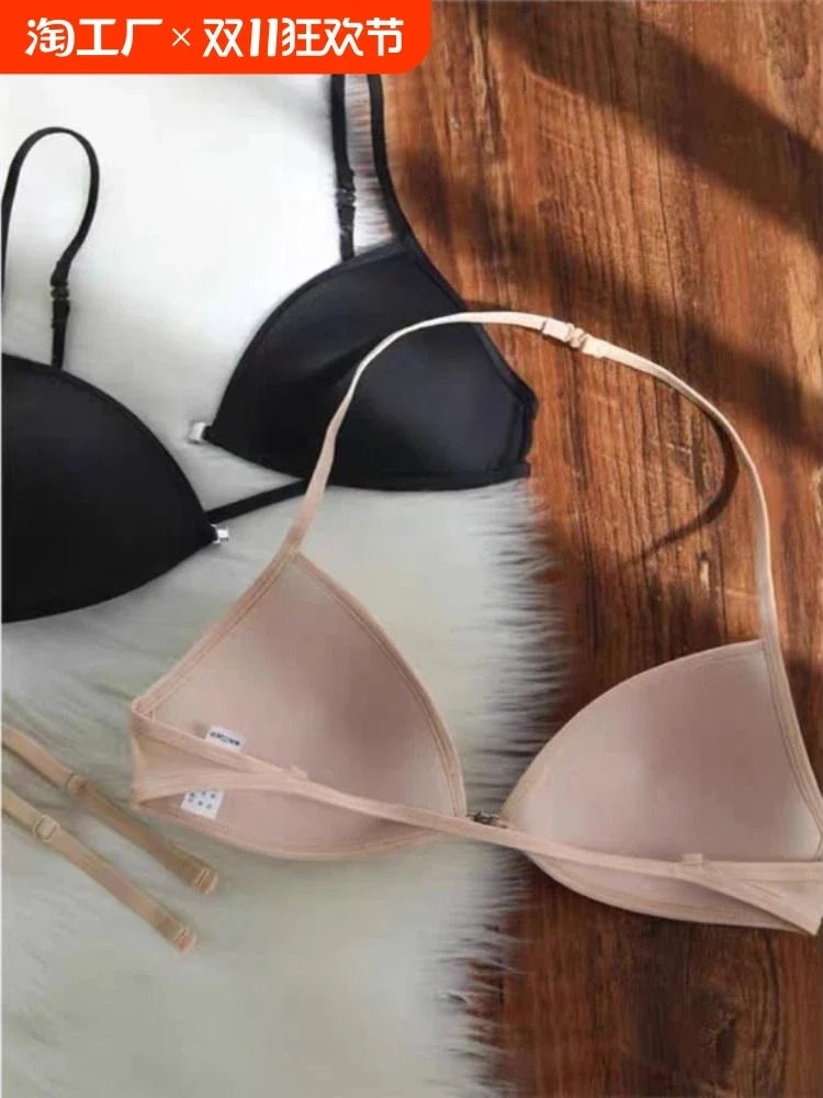 MOYISU French Triangle Cup Underwear Women's Thin Straps Beautiful Back Halter Invisible Front Buckle Bra Thin Seamless Bra