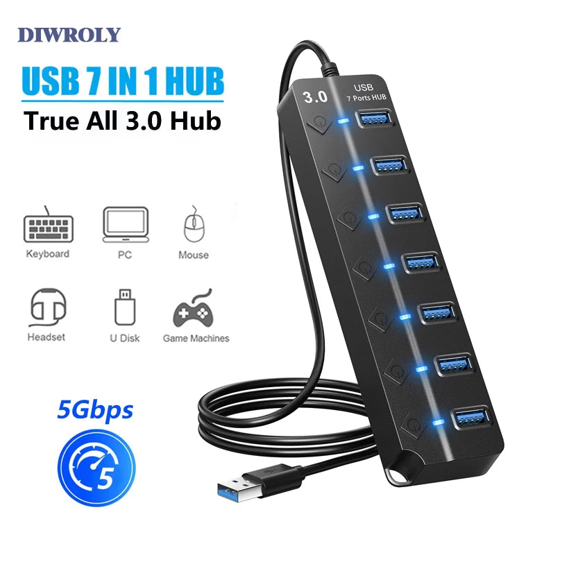 USB Multiprise High Speed Splitter - 7 Port 5Gbps Hub