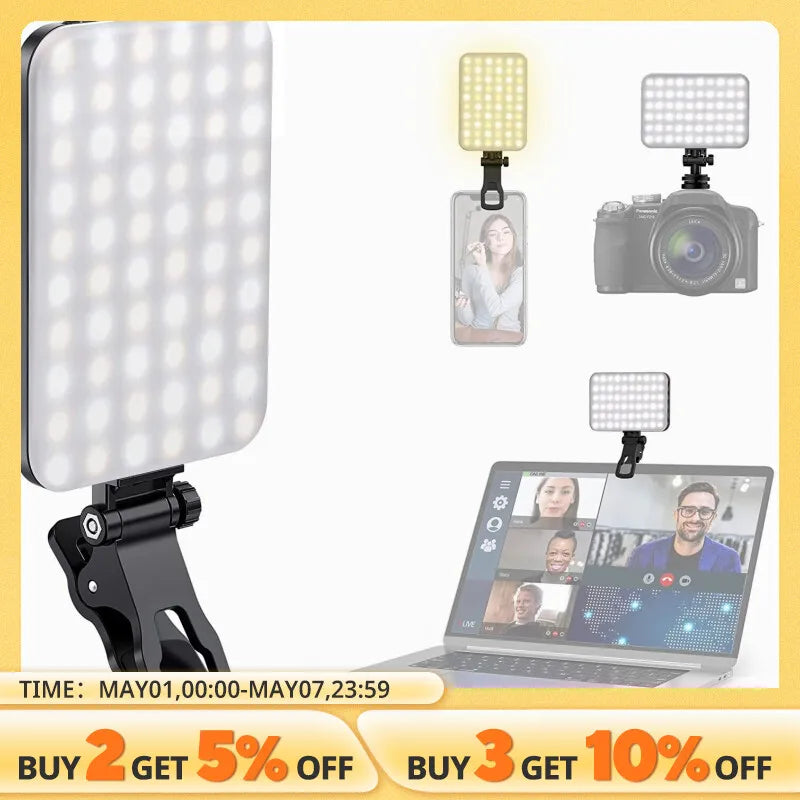 120 LED High Power Rechargeable Clip Fill Video Light with Front & Back Clip Adjusted 3 Light Modes for Phone iPad