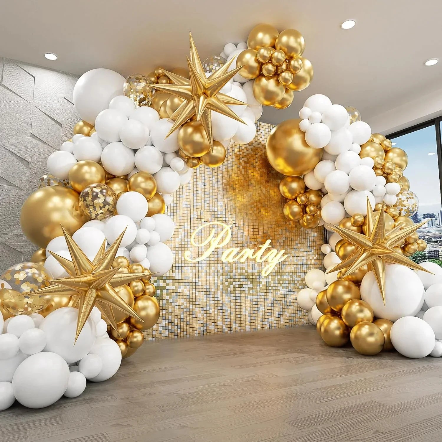 Silver White Sequin Disco Balloon Garland Arch Kit 4D Silver Starburst Foil Balloons for Birthday Party Decorations Supplie