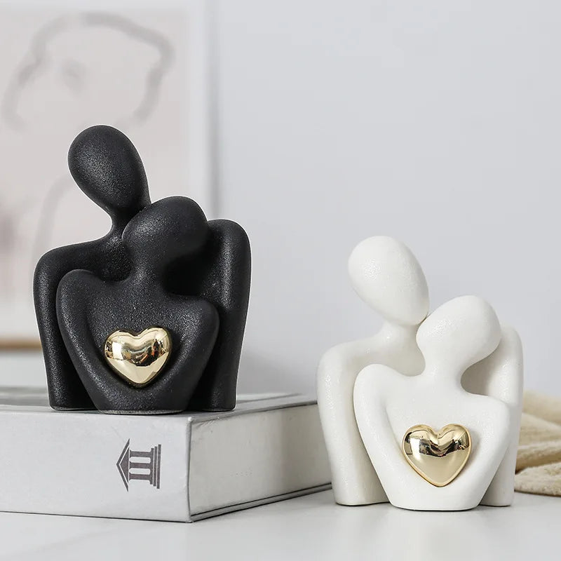 Romantic Ceramic Embrace Figurines, Earthenware Couple Set