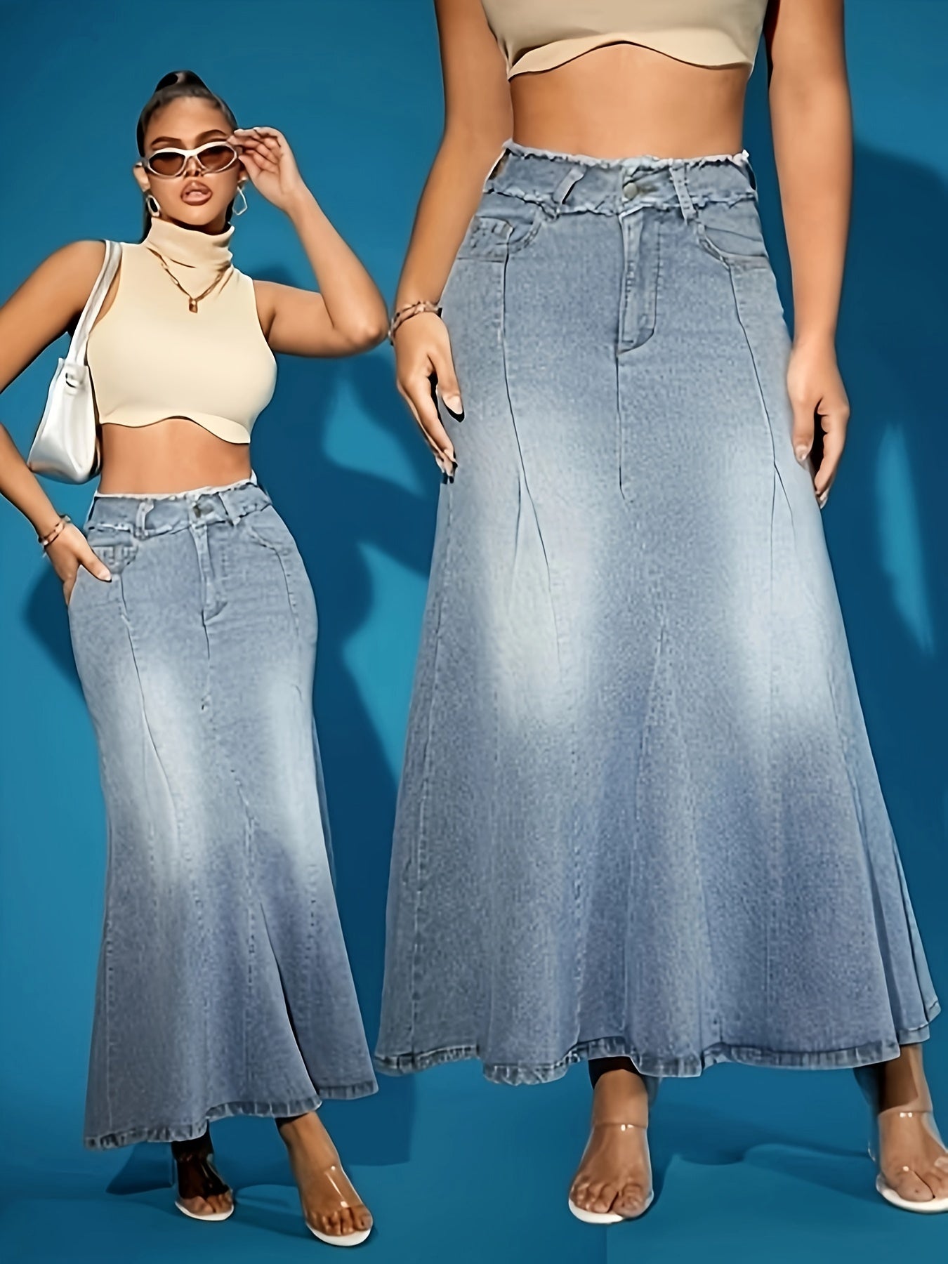 Elegant Washed Raw Trim Denim Skirt, High Rise Button Fly Mermaid Skirt, Women's Clothing