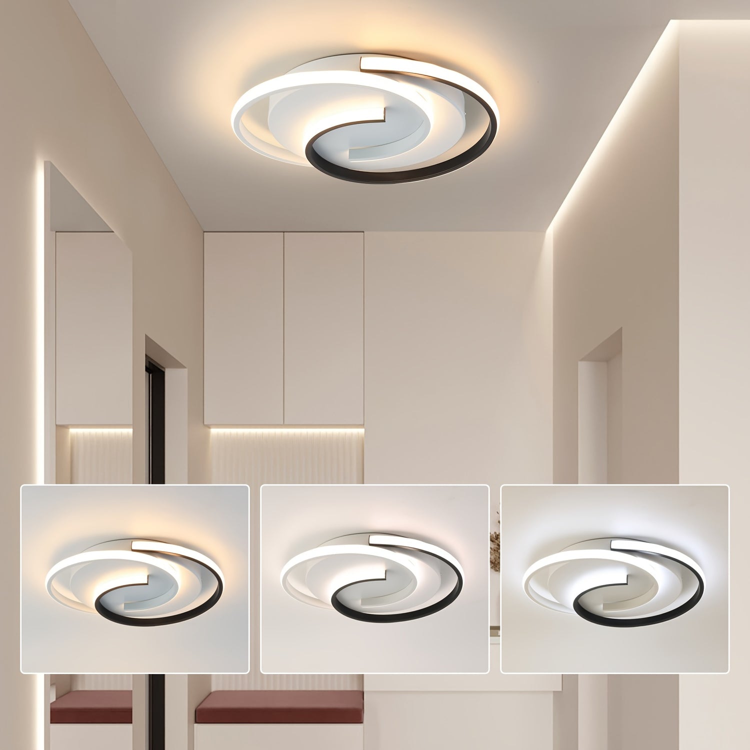 Modern LED Ceiling Light, 3000K/4000K/6000K, Black and White Round Bedroom Lamp, Energy-Saving, Switch Control, Matte Iron Finish, Half-Flush Mount, for Living Room, Bedroom, Office, 110V-240V