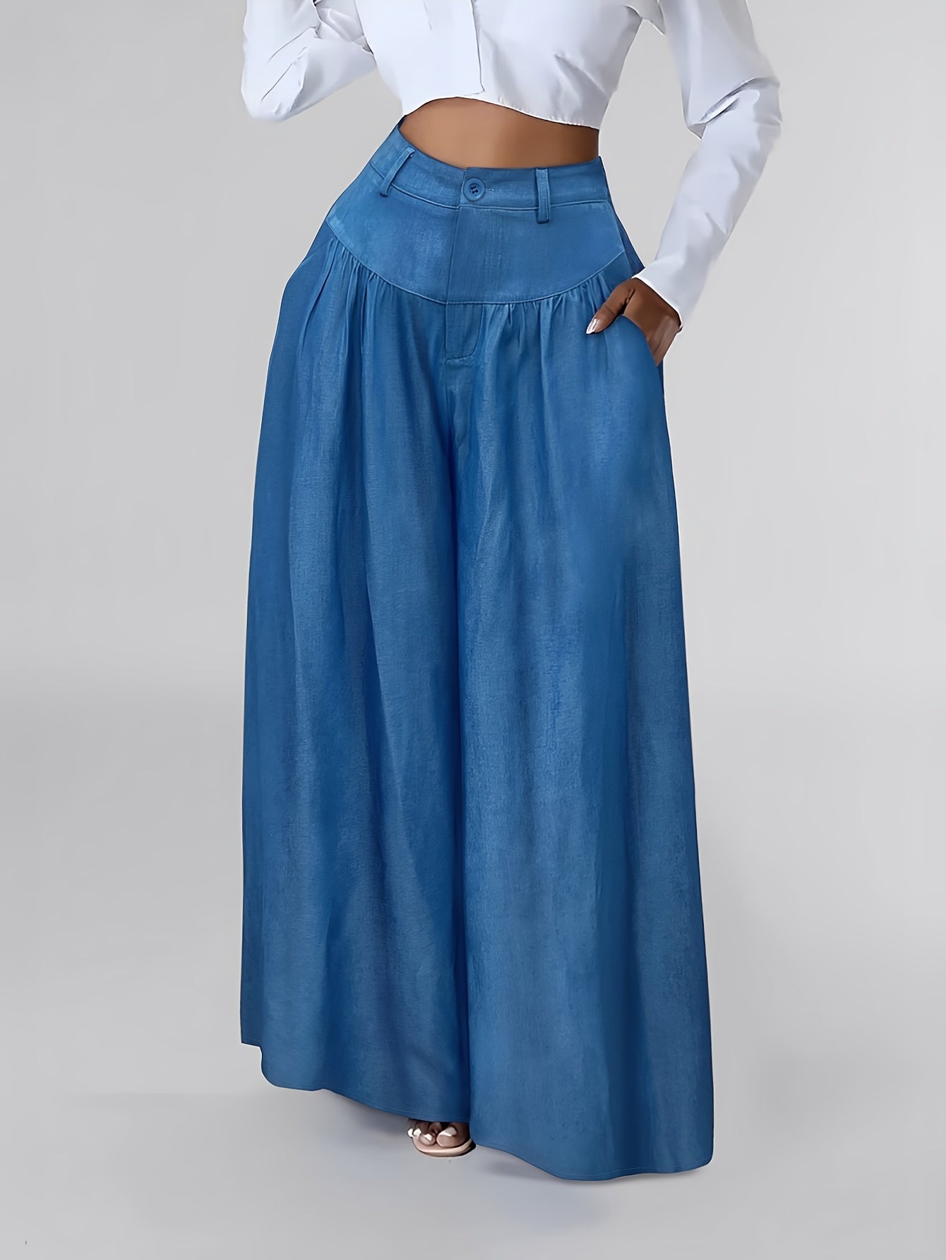 Elegant Wide Leg Palazzo Pants for Women - 100% Polyester Solid Color Frill Detail Trousers, Spring/Summer/Fall Season, Middle East Collection