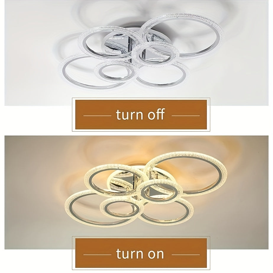 Modern 6-Ring Chrome LED Chandelier - Energy-Efficient, Color-Tunable (3000K-6500K), Semi-Flush Mount for Living Room, Office, Cafe, Bedroom, Bathroom, Kitchen - Hardwired, 110-240V, No Battery Needed, Modern Lighting | Moder