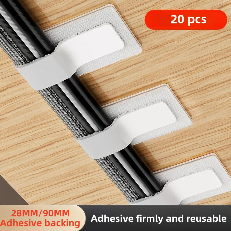 20-Pack Polyamide Cable Ties with Self-Adhesive Backing, White Cable Organizer Clips for Cord Management, Reusable Cable Fasteners for Home and Office Use