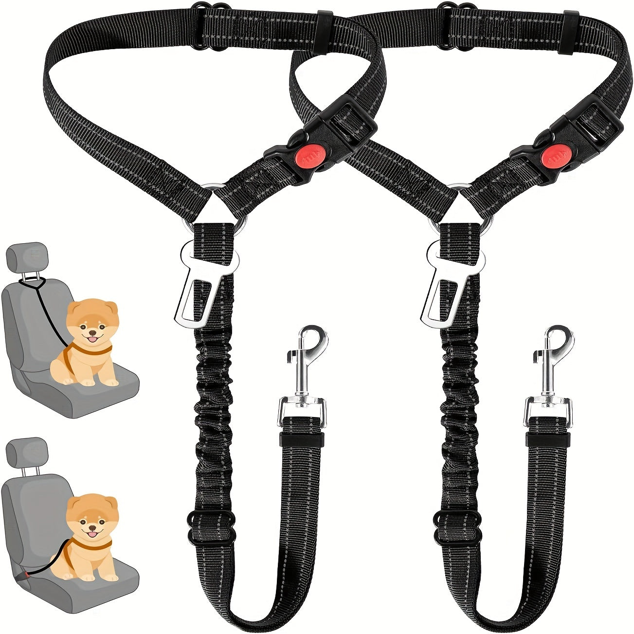 Adjustable 2-in-1 Pet Car Seat Belt & Harness - Durable Polyester, Hand-Washable, with Secure Buckle & Elastic Bungee Buffer, Ideal for Safe Travel with Dogs