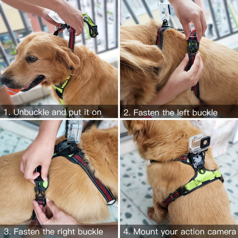 Adjustable Dog Harness for GoPro Hero 10/9/8/7/6/5/4/3 Max - Pet Vest Mount with Reflective Straps & Action Camera Attachment for Night Walks, Black, Pet Action Camera | Reflective Pet Gear | Comfortable Pet Harness, Harness