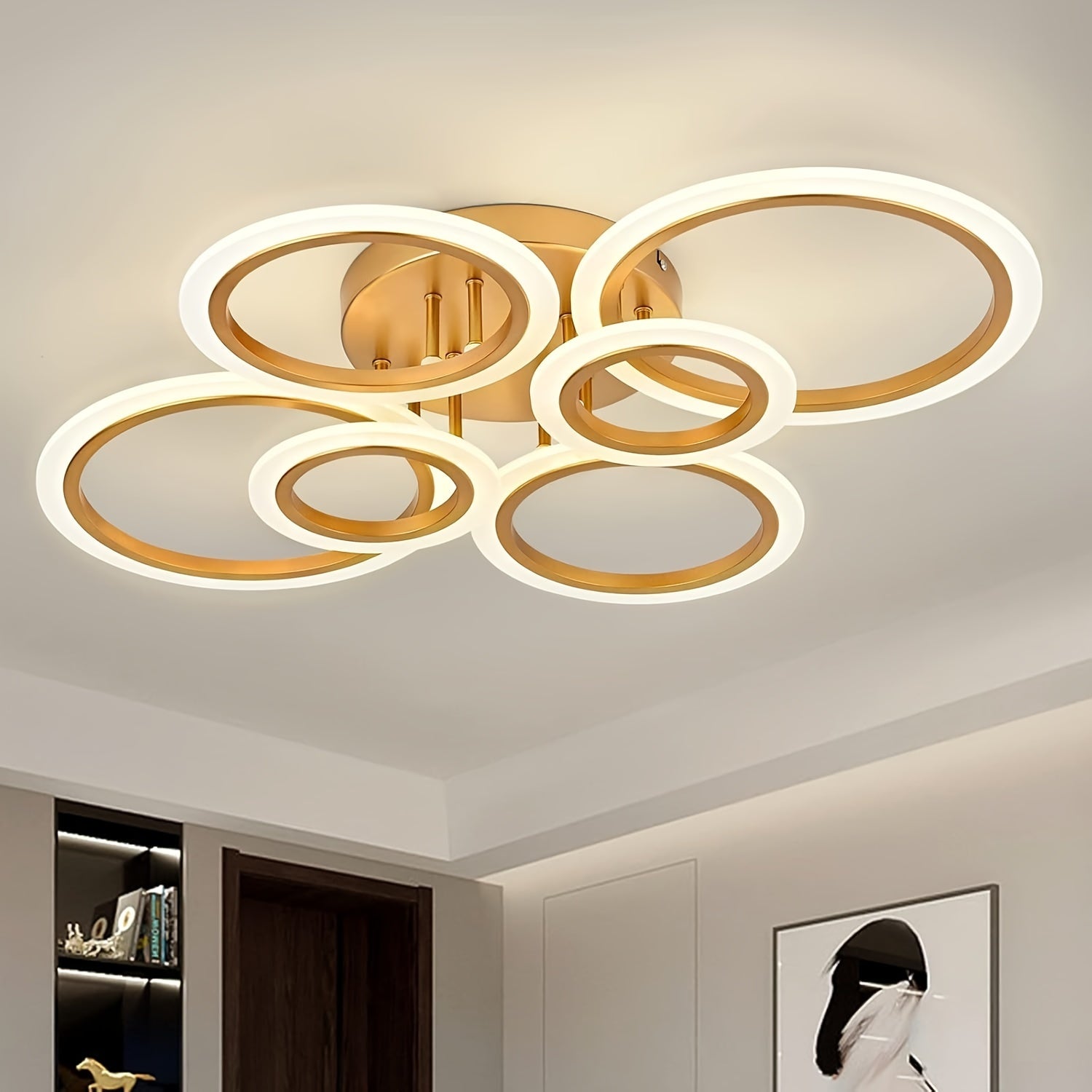 Modern 6-Light LED Ceiling Fixture with Black Rings & White Light, 4000K Illumination for Kitchen, Bedroom, Living Room, Laundry - Semi Flush Mount, Acrylic Shades, Hardwired Installation, Ceiling Lights for Home