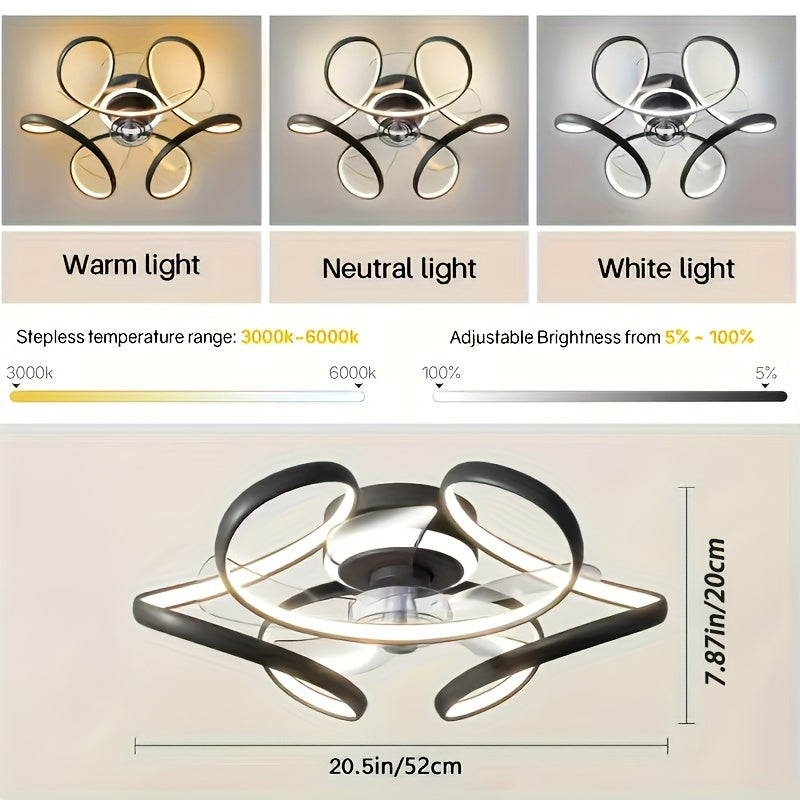 1pc Ceiling Fan Light with Remote Control, Low Profile Ceiling Fan 6 Speeds 3 Colors Changing, Modern Semi Flush Mount Ceiling Fans Dimmable Geometric for Living Room, Bedroom, Kitchen, Commercial Lighting for Hotel, Restaura