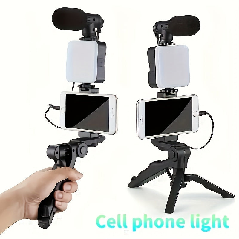 1pc Universal 3-in-1 Smartphone Video Blogging Kit with LED Ring Light, Mini Shotgun Microphone, and Tripod Stand - Battery-Powered, for Live Streaming, Video Calls, and Vlogging (Battery Not Included)