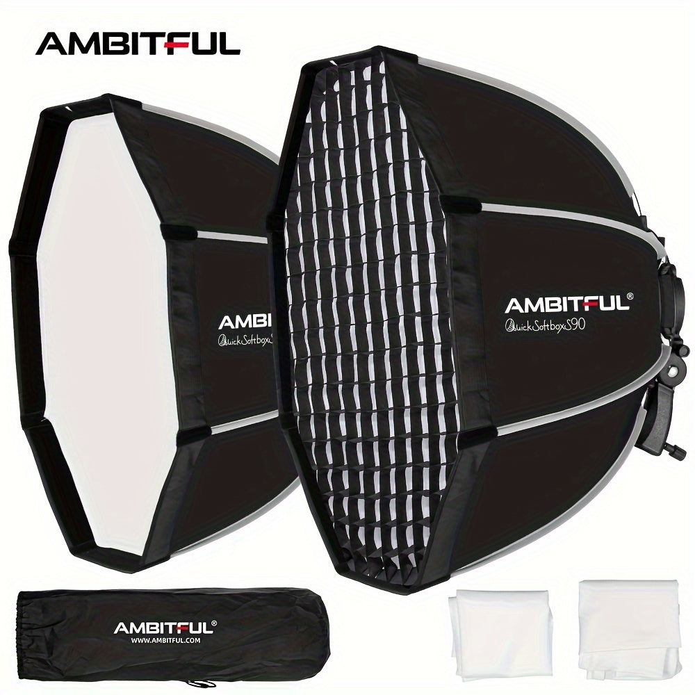 AMBITFUL Quick Release Octagon Softbox with Grid, Handle, and Bracket Mount for Camera Flash - Foldable Polyester Fiber Lighting Diffuser for Studio Photography Compatible with Godox TT520II V860III