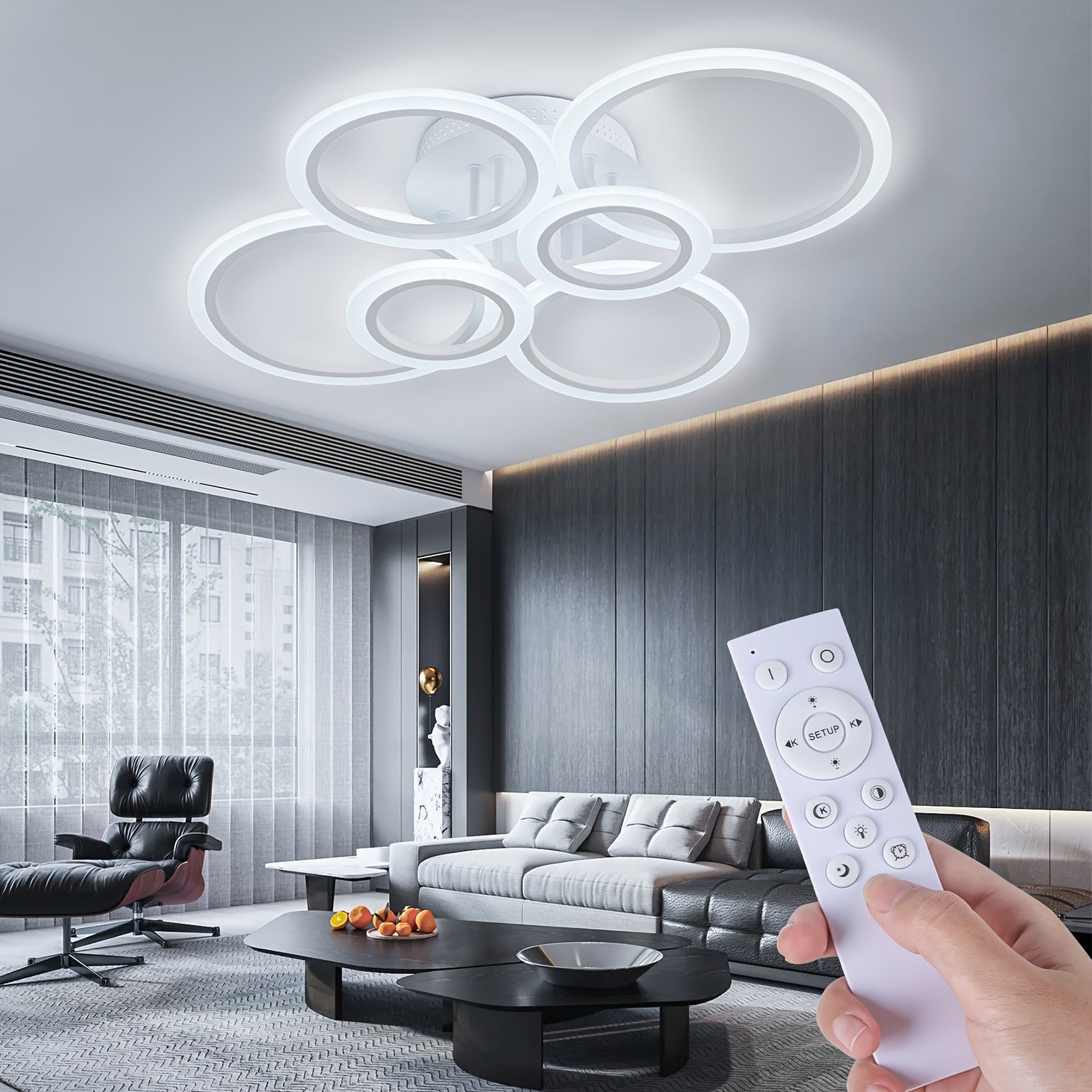 Modern 6-Ring LED Ceiling Light Fixture, Dimmable Flush Mount Indoor Lighting with Remote Control, Minimalist Design for Living Room, Bedroom, Office, Kitchen - 85V-265V Hardwired LED Lights