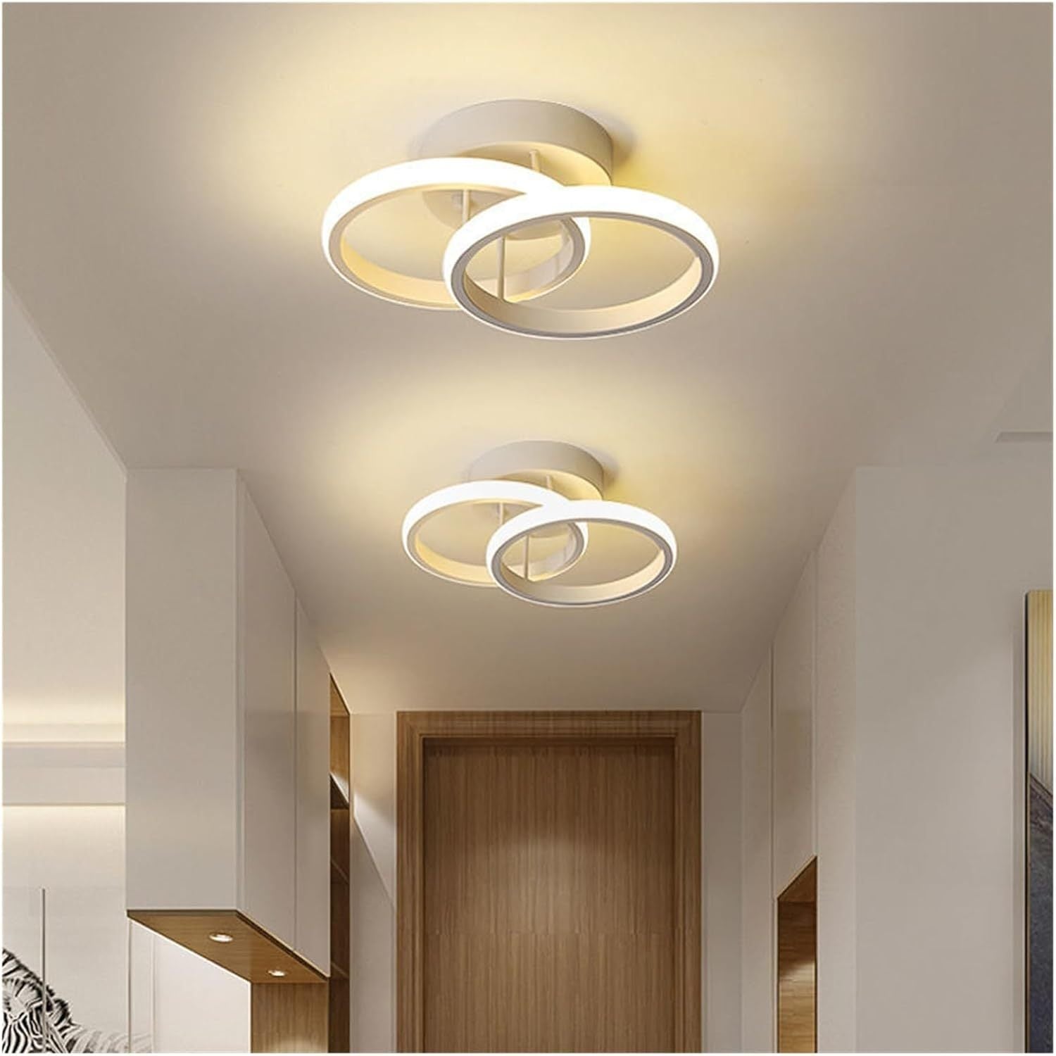 Double Circle Three-color Metal Eye Protection LED Ceiling Light Linear Design Semi-embedded Lamp Modern LED Ceiling Light, Acrylic LED Ceiling Light Suitable for Living Room, Corridor, Bedroom, Hotel, Bathroom