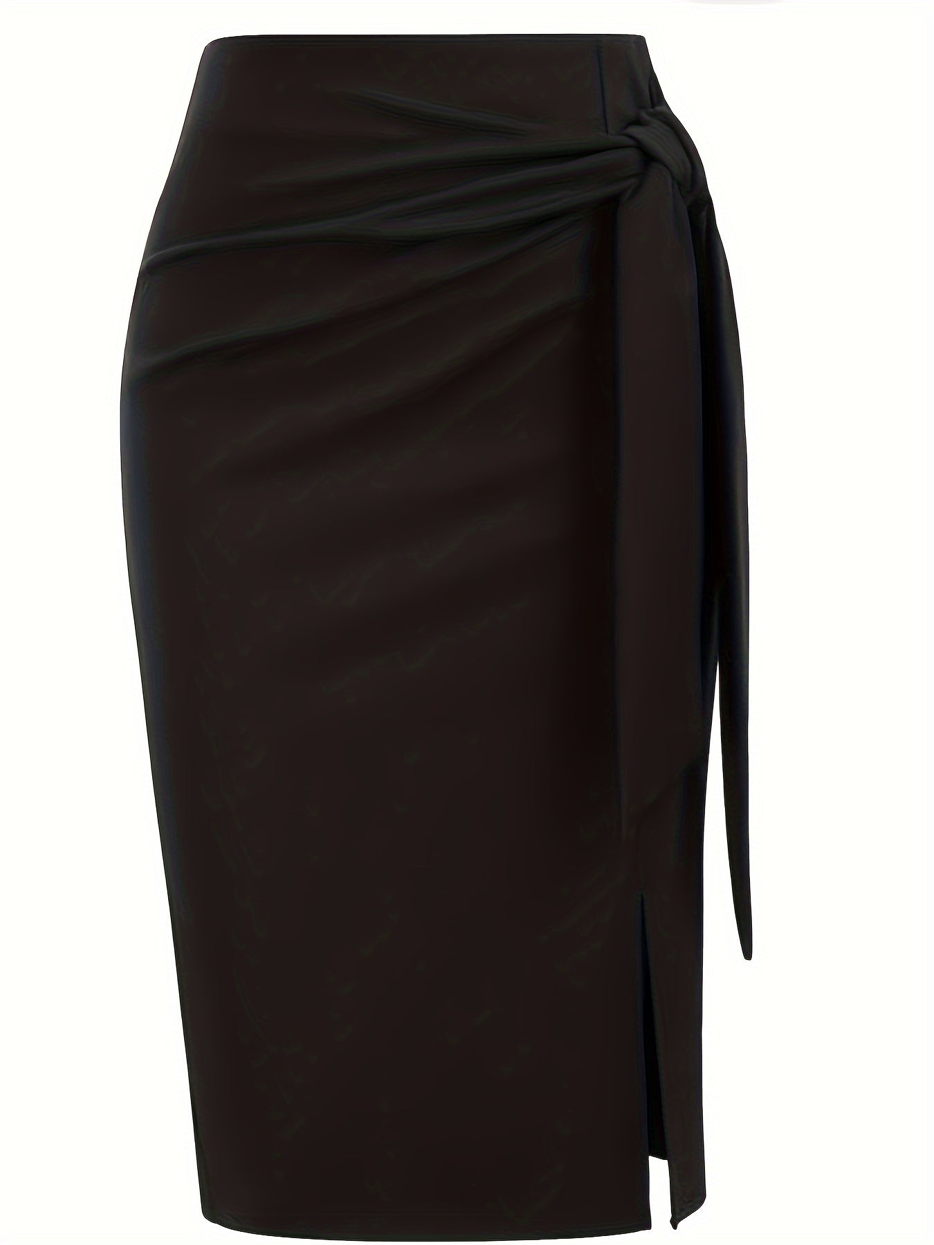 Elegant Solid Color High-Waisted Knee-Length Skirt with a Bow And Slit for Women.
