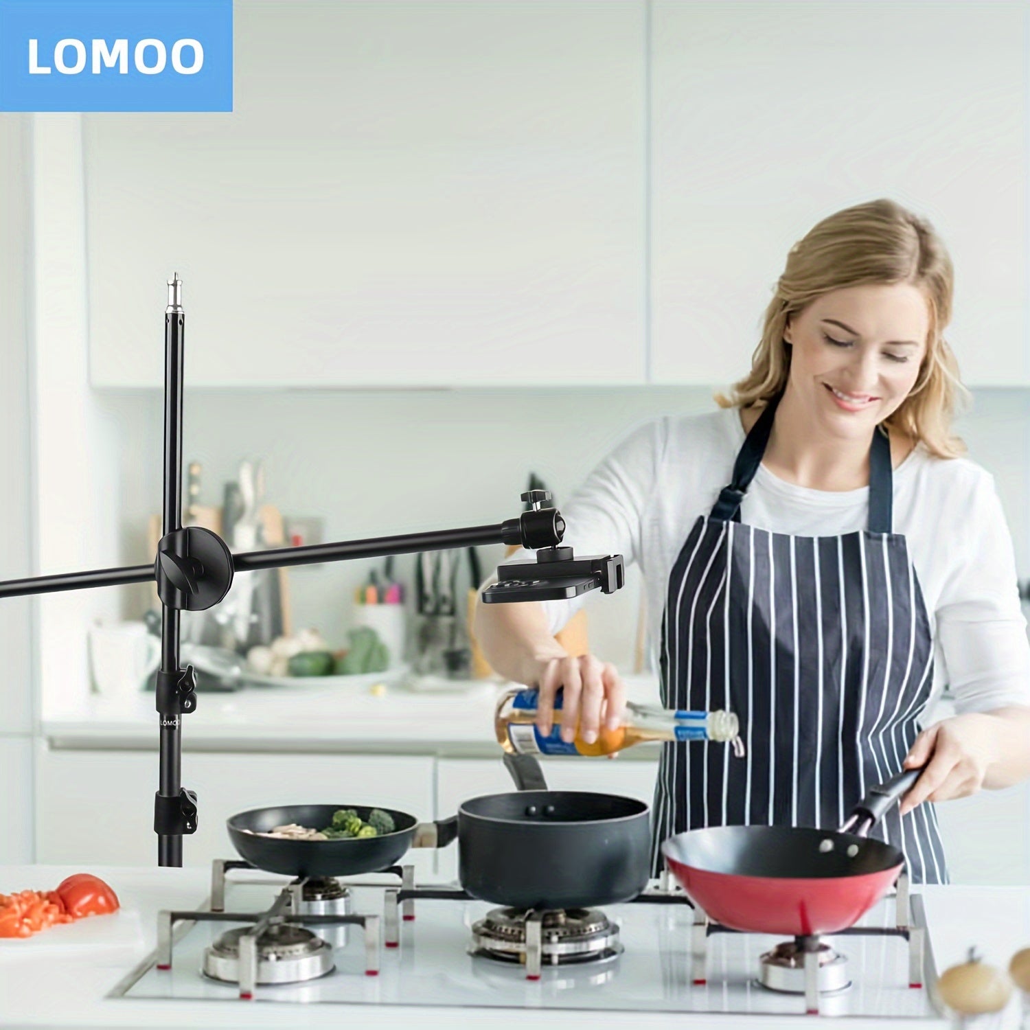 Lomoo 157.48cm Adjustable Phone Tripod with Detachable Overhead Mount - Ideal for Cookie Decorating, Live Streaming, Teaching & Sketching - Black Iron, 360° Rotation, Includes Travel Bag, Tripod for Phone, Perfect for Christ