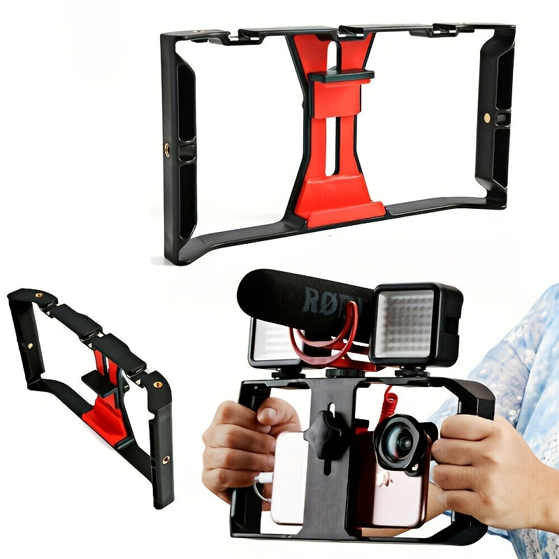 Professional Smartphone Stabilizer with Extendable Microphone & Fill Light - Anti-Shake Handheld Rig for Vlogging, Photography, and Video Accessories, ABS Material, Black with Red Accents, Phone Stabilizer for Video Recording