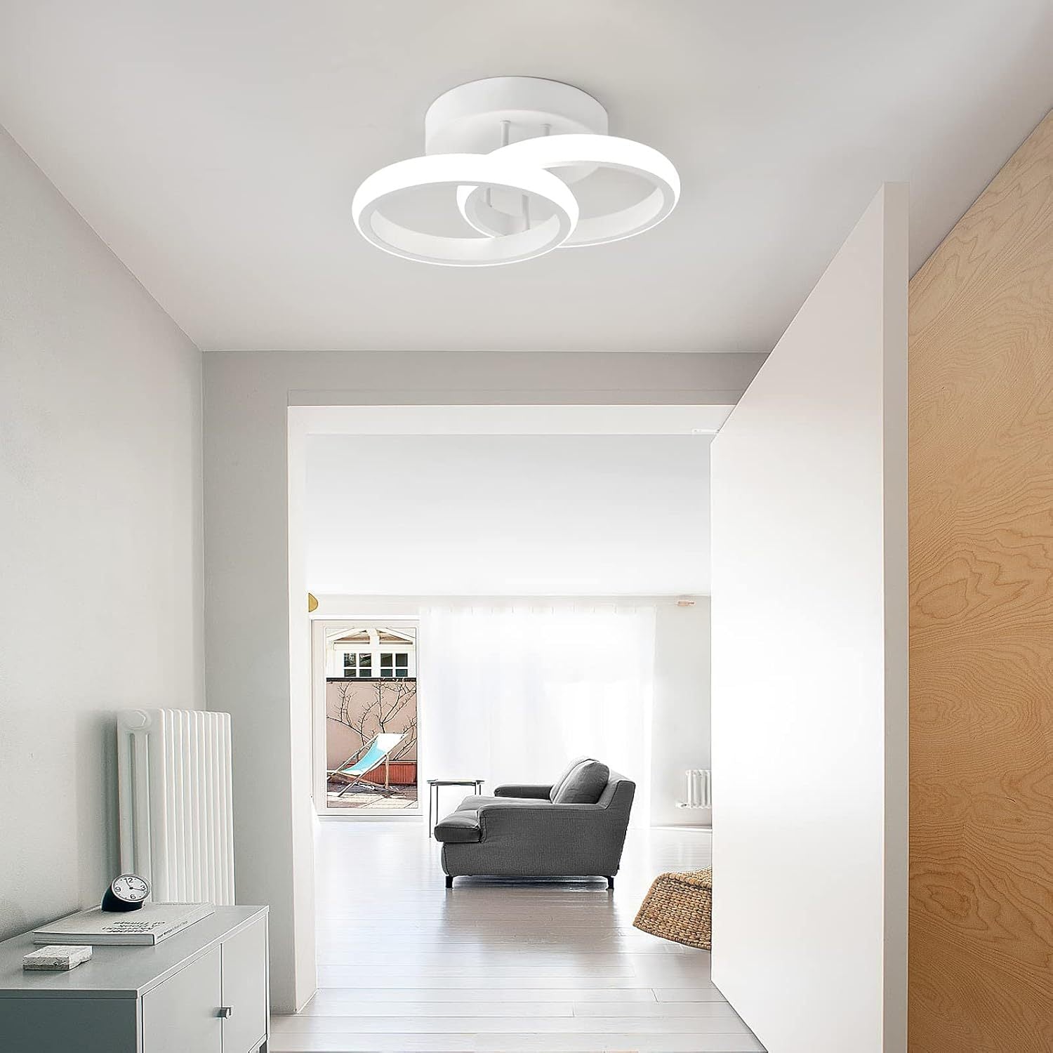 Double Circle Three-color Metal Eye Protection LED Ceiling Light Linear Design Semi-embedded Lamp Modern LED Ceiling Light, Acrylic LED Ceiling Light Suitable for Living Room, Corridor, Bedroom, Hotel, Bathroom