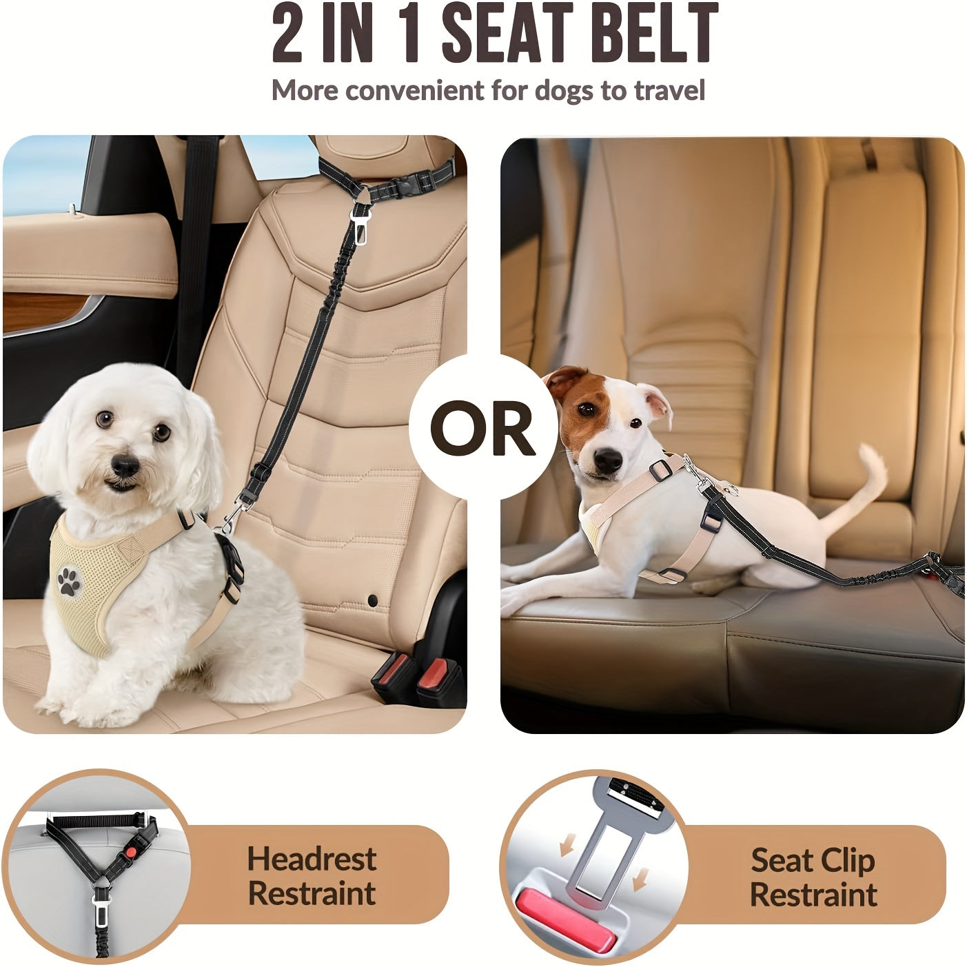 Adjustable 2-in-1 Pet Car Seat Belt & Harness - Durable Polyester, Hand-Washable, with Secure Buckle & Elastic Bungee Buffer, Ideal for Safe Travel with Dogs