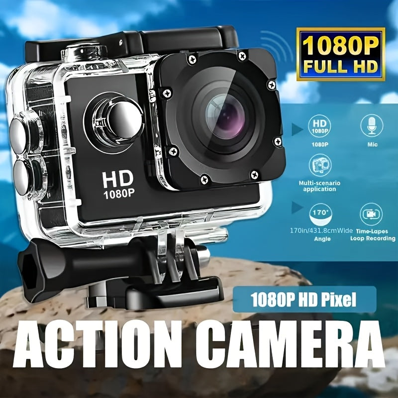 This Is a 1080P HD Action Camera Featuring Ultra HD Recording, a 140° Wide-Angle Lens, a 5.08Cm LCD Screen, Designed for Outdoor Sports Recording, with Automatic Exposure, Digital Stabilization, a Fisheye Lens, And Powered b