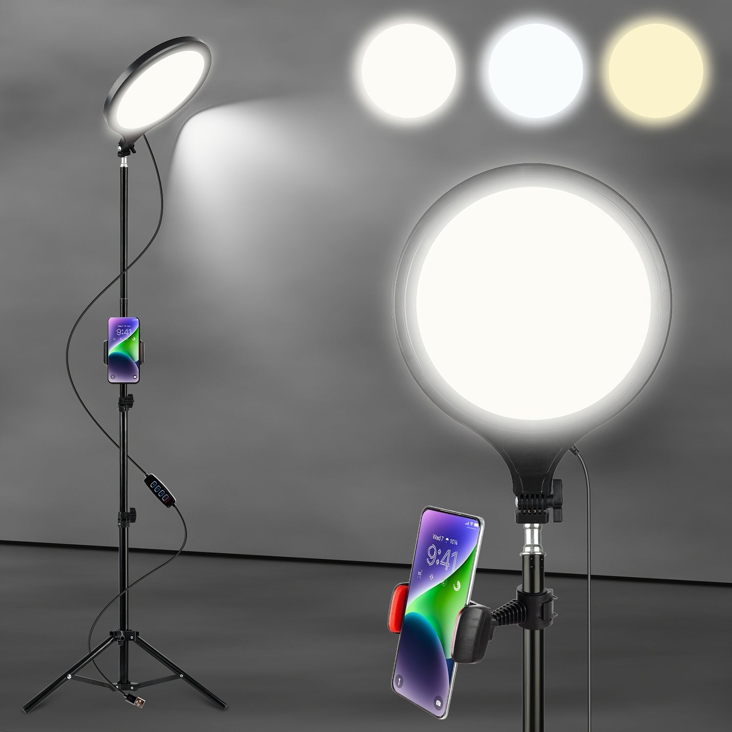 1 Set UEGOGO LED Video Photography Lighting Kit with Adjustable Tripod, Extension Rod, 10-Inch Circular LED Fill Light, 3 Color Temperatures, USB Powered, Multi-Angle Phone Clamp for Home, Video Recording, Photography Studio,