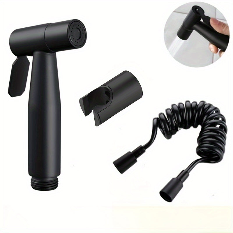 Black 304 Stainless Steel Toilet Companion Three-piece Set Black Spray Gun + Double Hole Seat + 2 Meter Telescopic Hose, Bidet, High Pressure Spray Gun, Bathroom Accessories