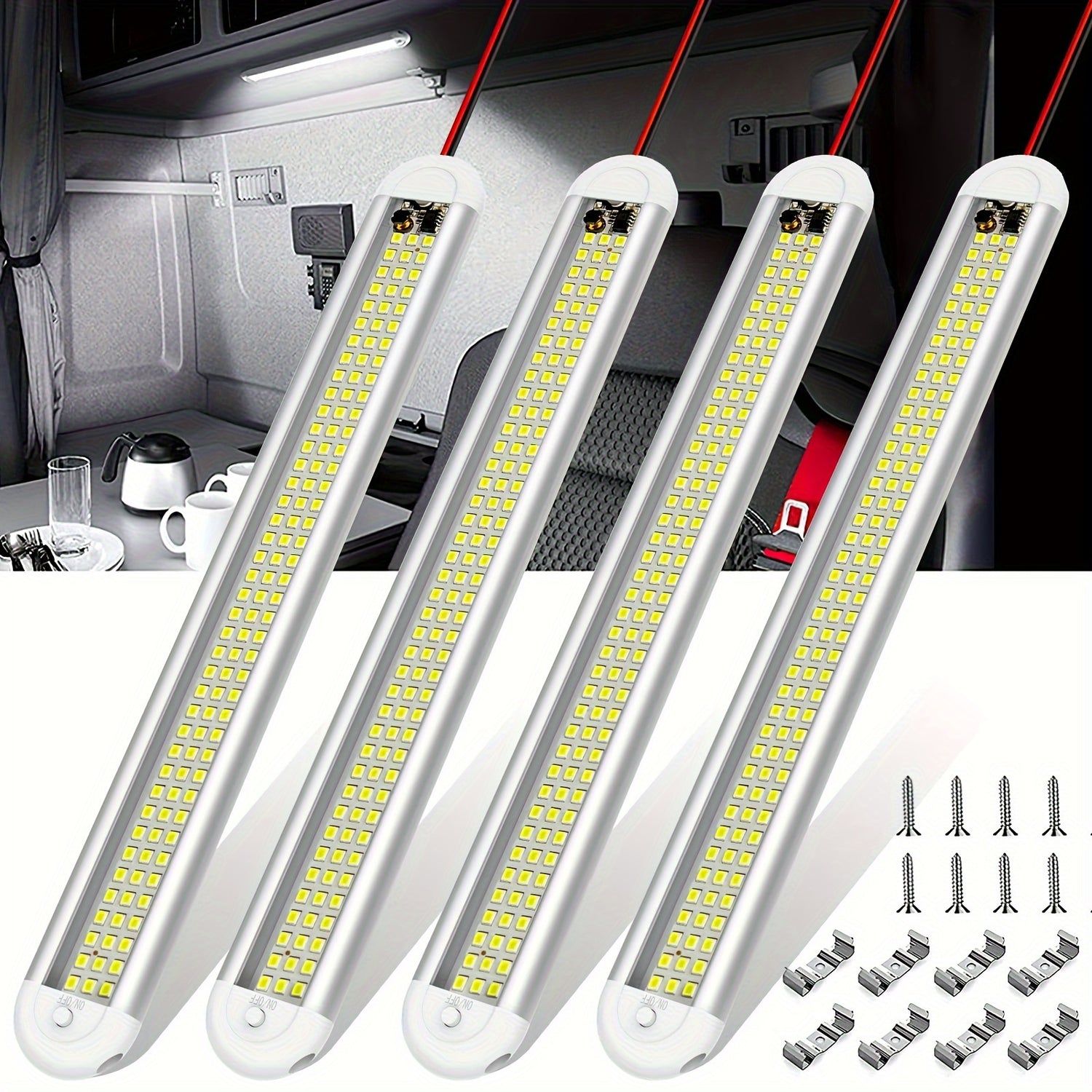 MERTTURM 12V LED Interior Light Bar with On/Off Switch, 120 LEDs 1500LM, White Housing, Mounting Brackets Included - Perfect for Enclosed Trailers, Cars, RVs, Vans, Trucks, Campers, Boats, Caravans - 4pcs