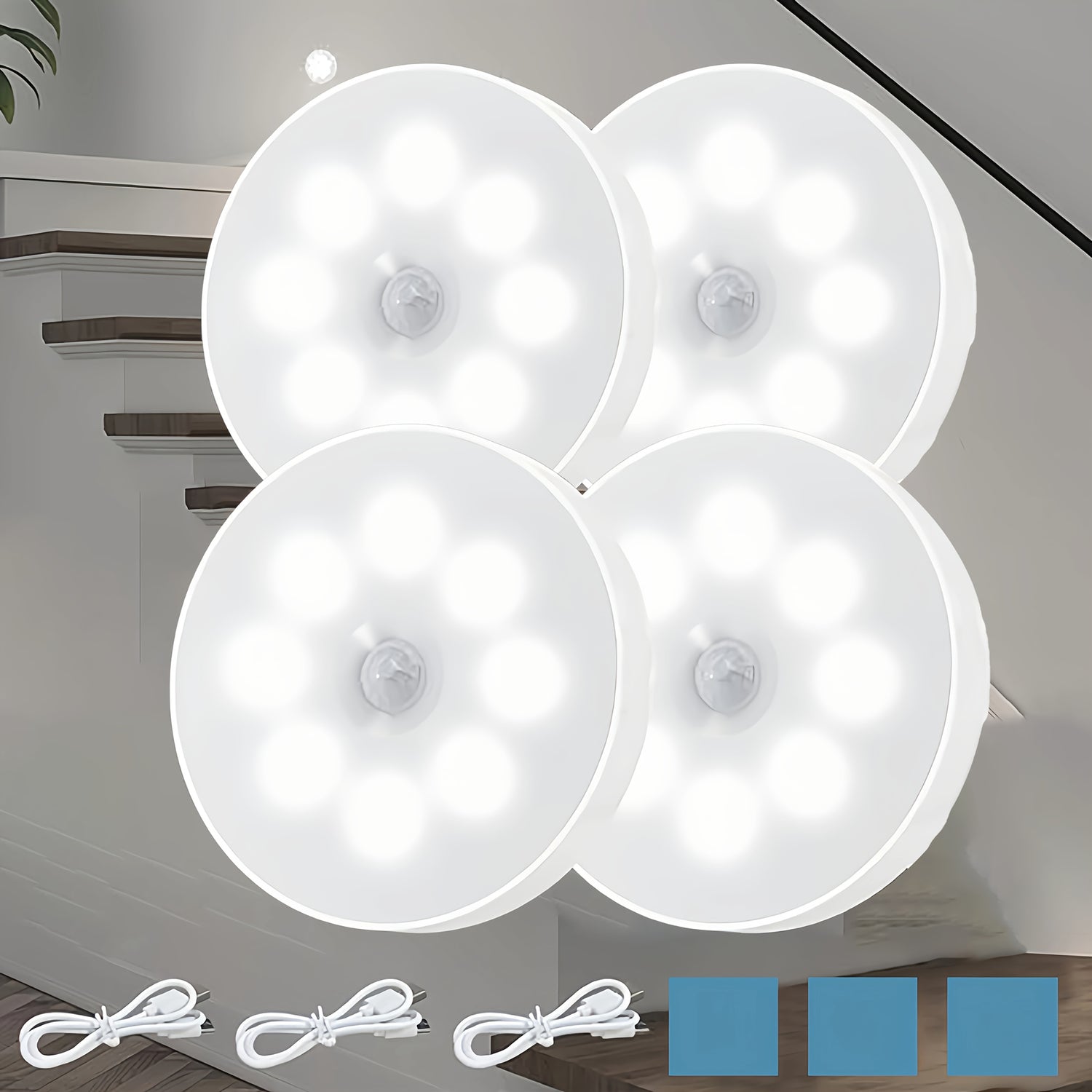 4pcs USB Rechargeable LED Step Lights with Motion Sensor, Adjustable Brightness, Semi Flush Mount for Kitchen, Cabinet, Stairs, Closet, Room - White/Yellow Plastic Design, Easy Installation, Energy Efficient Lighting, Home Il