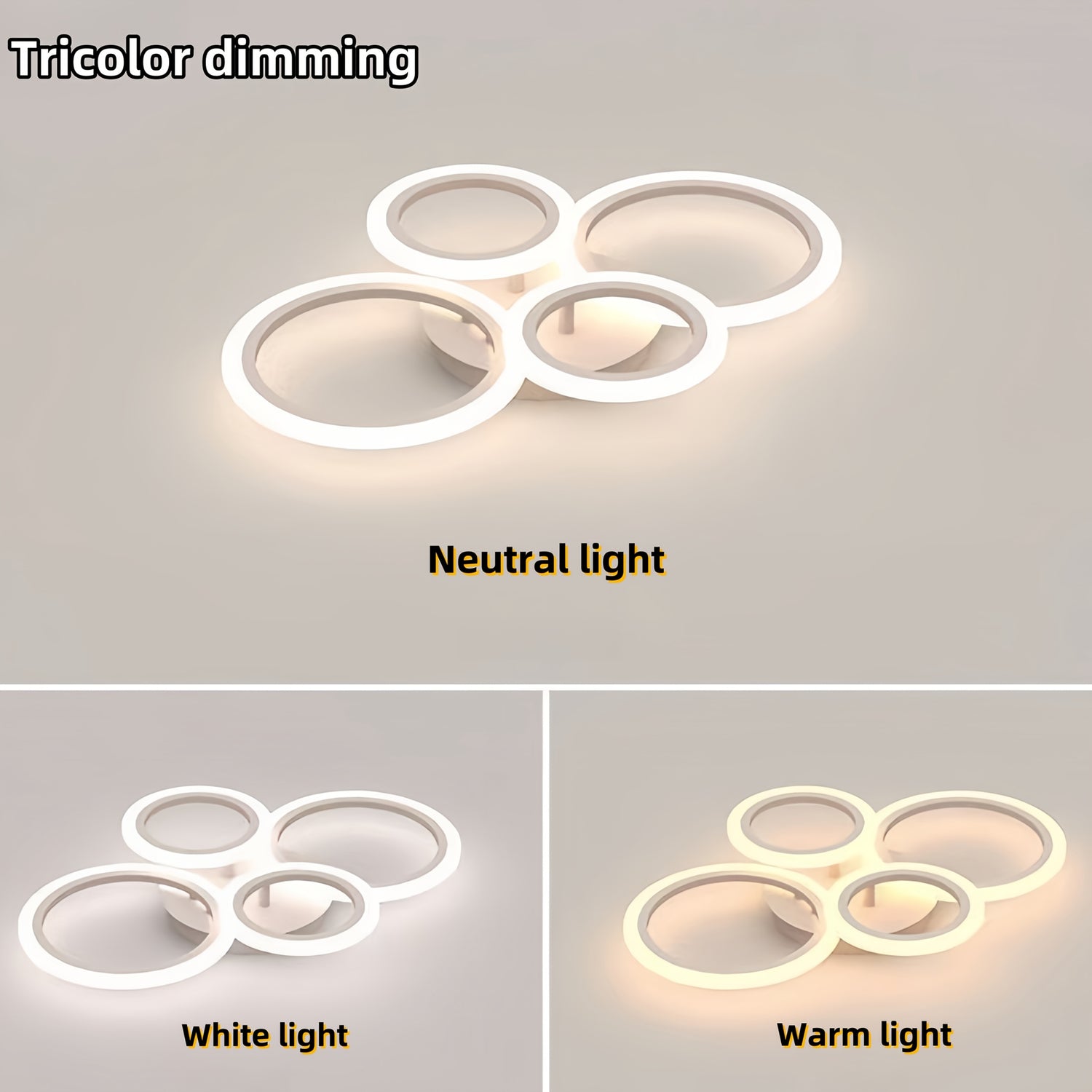 Modern 4-Light Ring LED Ceiling Fixture with 3-Color Dimmable Lighting, White & Black Design for Living Room, Bedroom, or Study - No Remote or Switch Included, Indoor Lighting | Sleek Metal Finish | LED Technology, LED Lights