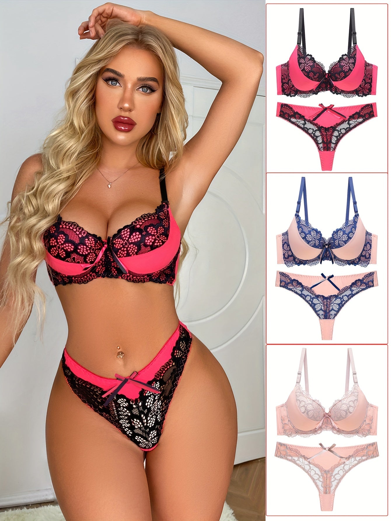 3 Sets Contrast Lace Bra & Panties, Colorblock Push Up Bra & Elastic Thong Lingerie Set, Women's Lingerie & Underwear