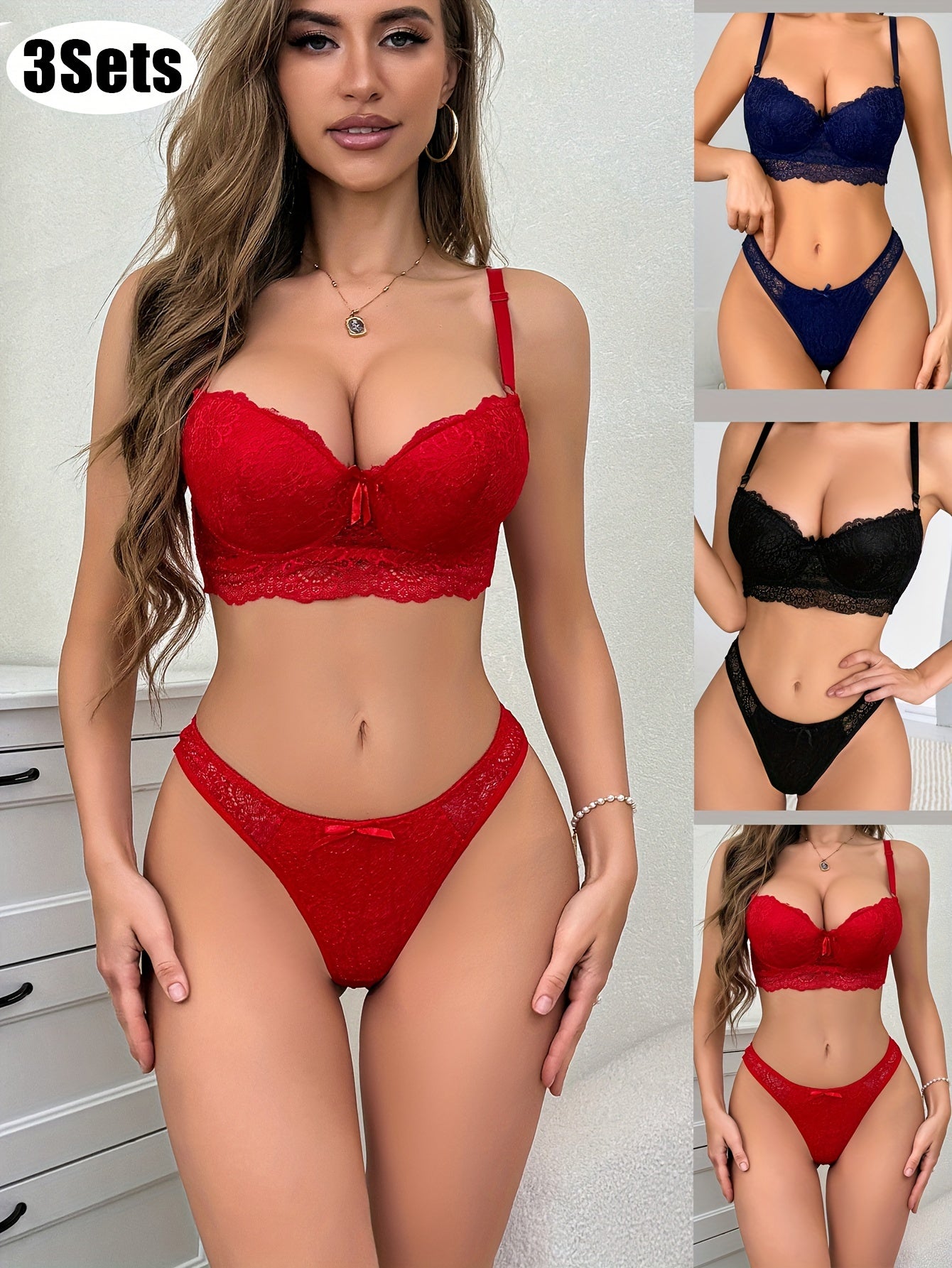 3pcs Women's Lace Bra Sexy Lingerie Set