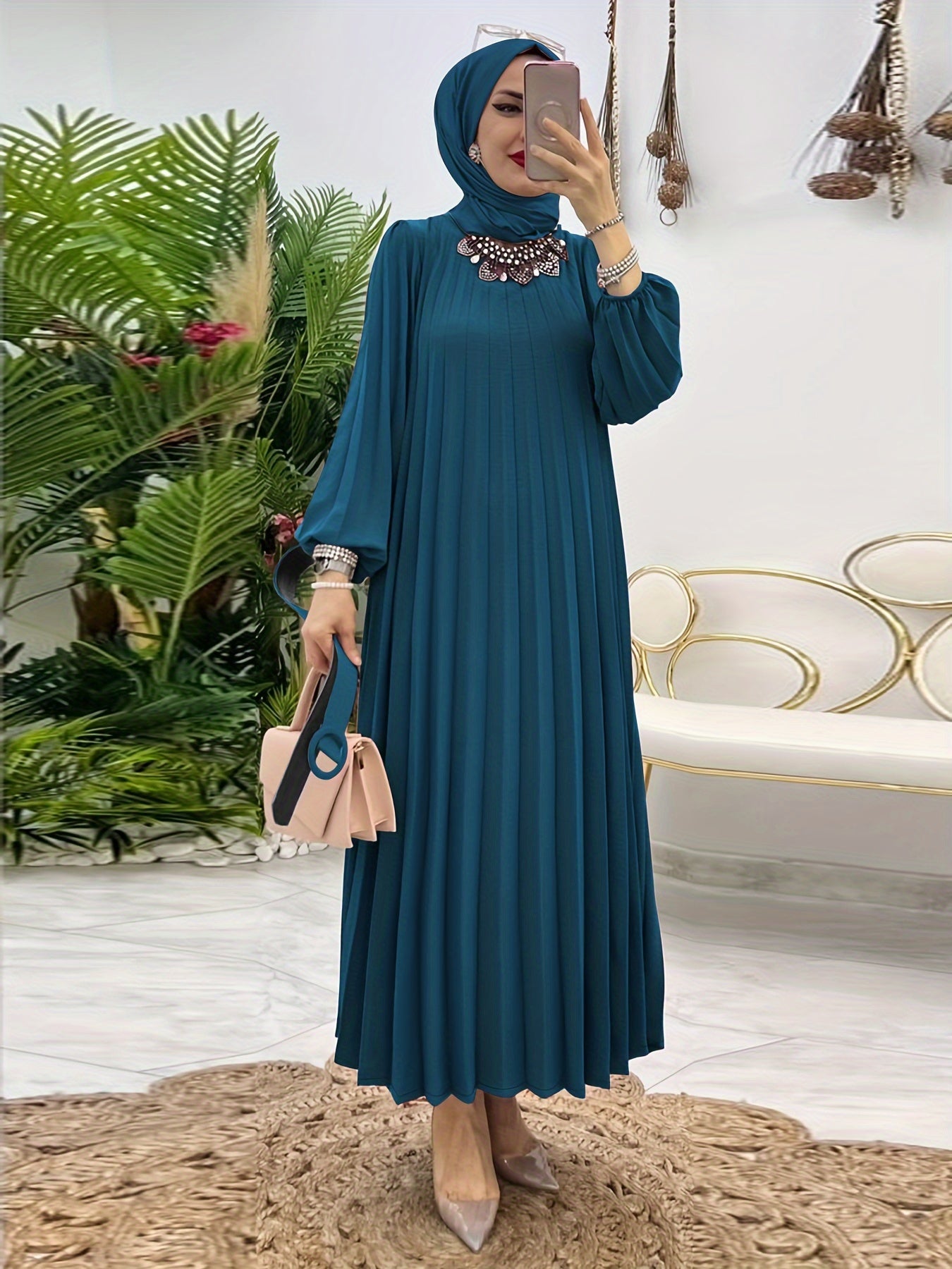 Ruffle Hem Crew Neck Long Sleeve Abayas Dress, Elegant Maxi Length Dress, Women's Clothing