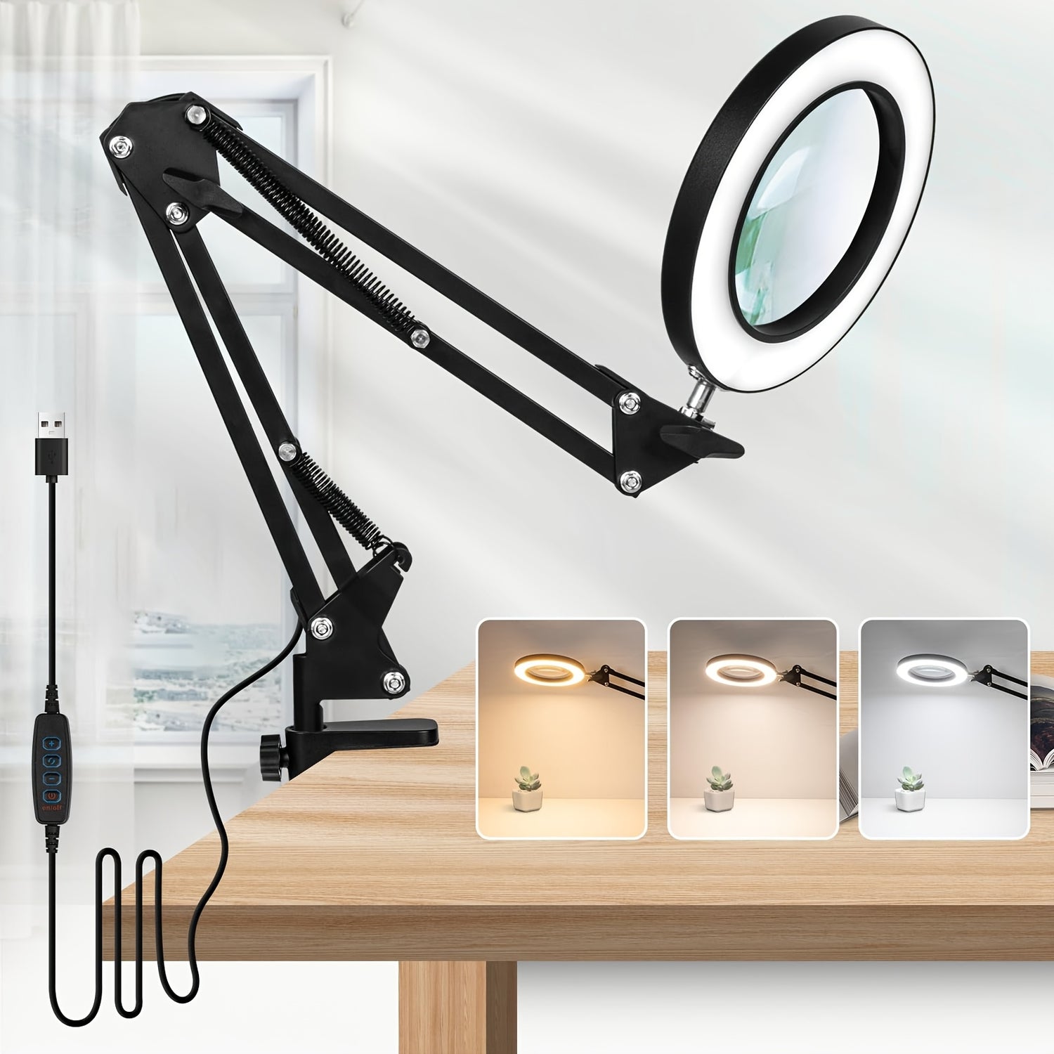 OSORD 10X Magnifying Glass with Light and Stand, 2-in-1 Desk Lamp with Clip, 3 Color Modes, USB Powered, Metal, Modern Solid Color, Adjustable Lighting, Button Control, for Bedroom, No Accessories Included
