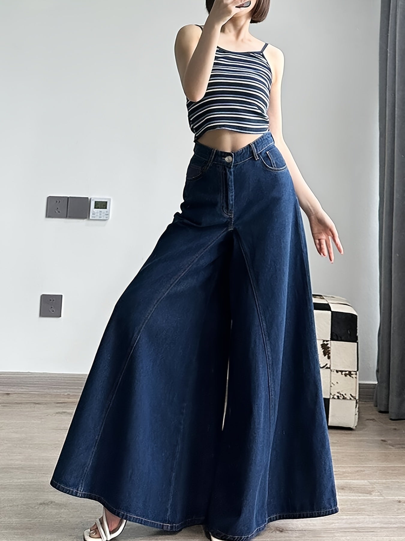 [1pc Women'S Wide Leg Denim Pants] 1pc Women'S Casual High-Waist Wide Leg Denim Pants, 100% Blend, Non-Stretch, Solid Color, All-Season, Woven Fabric, 360g/m² - Classic Fit Jean Trousers