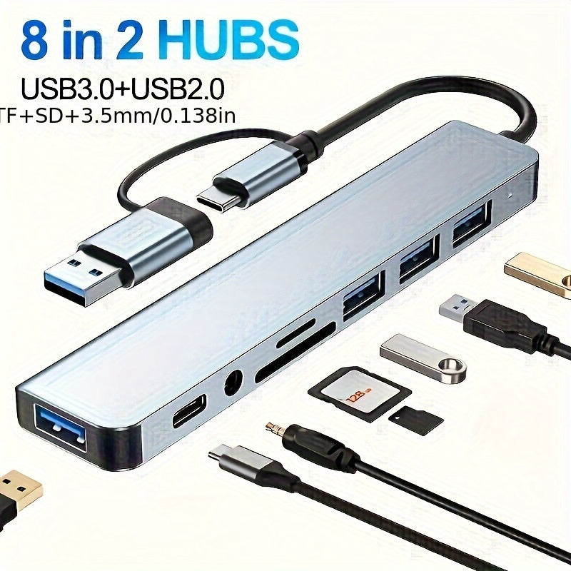 8-in-1 USB Hub with Audio Jack, Multi-Port Adapter for Tablets, USB-Powered, 5V Operating Voltage, Compatible with Tablets