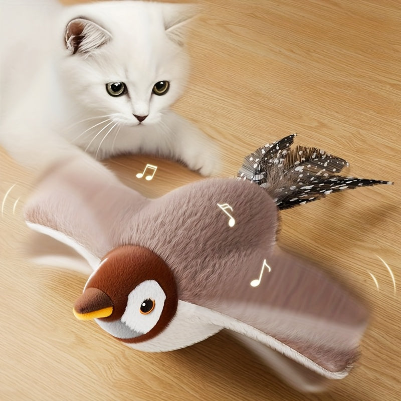 1pc MIAOQUANJI Pet Cat Dog Electric Plush Toy with Sound, Wobble Bird, Tail with Artificial Feathers, USB Rechargeable, All Breed Sizes, Interactive Entertainment, Pet Entertainment Device | Musical Plush Toy | Durable Pet To