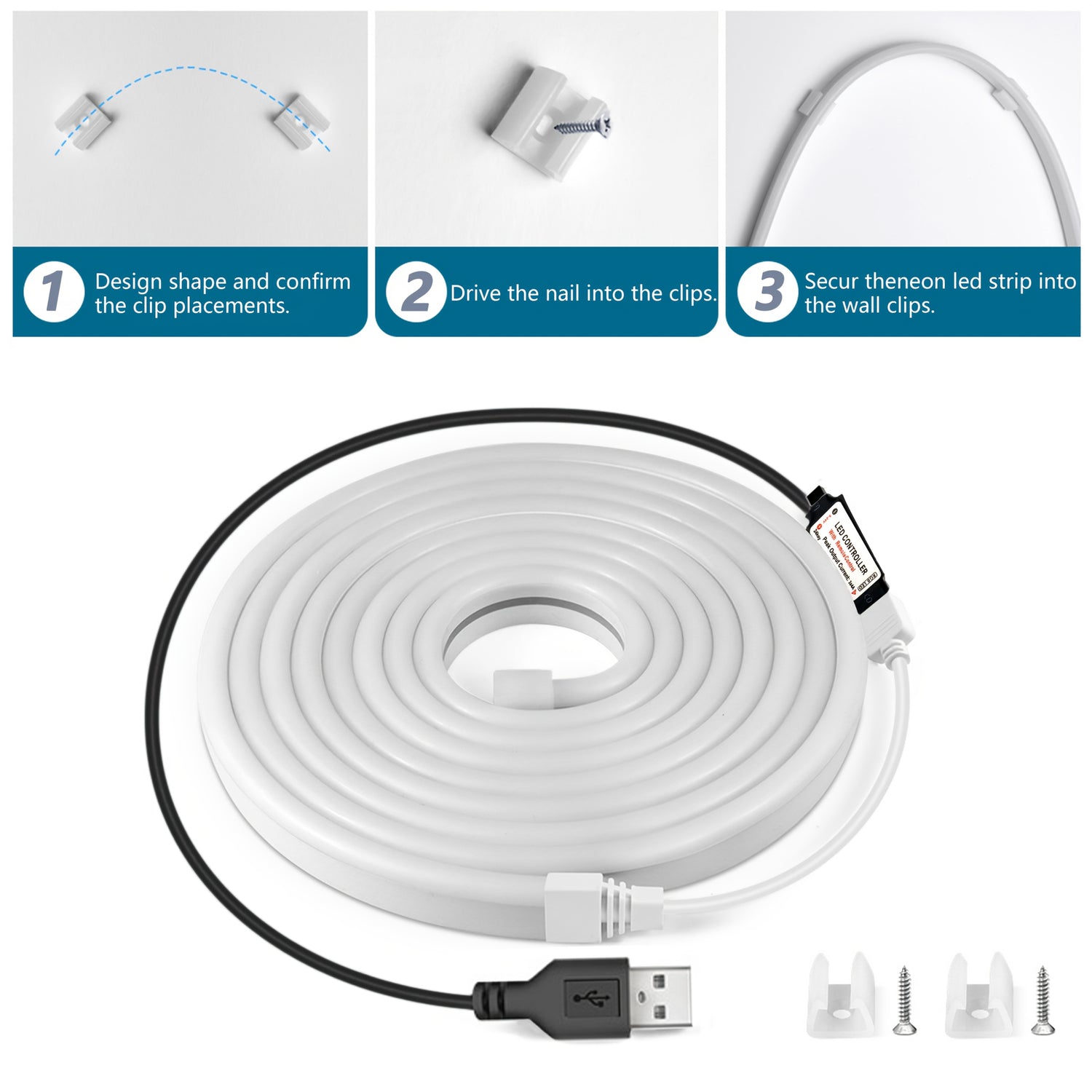 RGB Neon Light Strip with USB Interface, DC5V, IP65 Waterproof, 24-Key Remote Control, Adjustable Brightness, Multicolor & White Modes, Perfect for Valentine's Day, Party Atmosphere Lighting, and Holiday Decorations, Festive