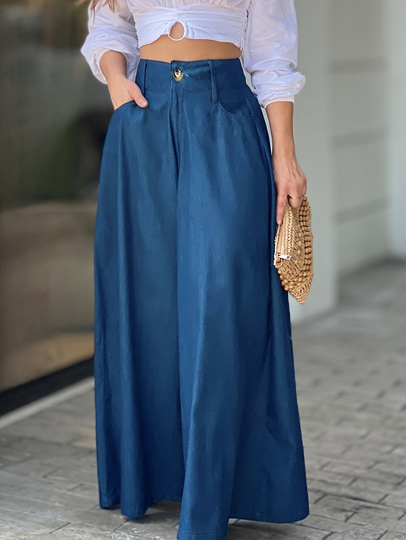 1pc Elegant Solid Color Polyester Wide Leg Pants for Women, All-Season Versatile Imitation Commuter Faux Denim with Pockets, Woven Weave - Adult